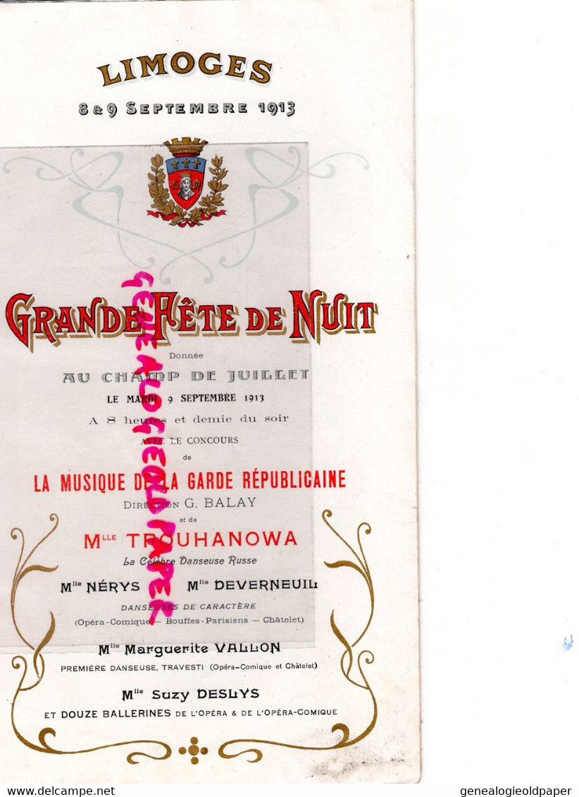 87- LIMOGES- RARE PROGRAMME VISITE POINCARE-1913-CHAMP DE JUILLET-MUSIQUE GARDE REPUBLICAINE-MLLE TROHANOWA-DESLYS-OPERA - Historical Documents