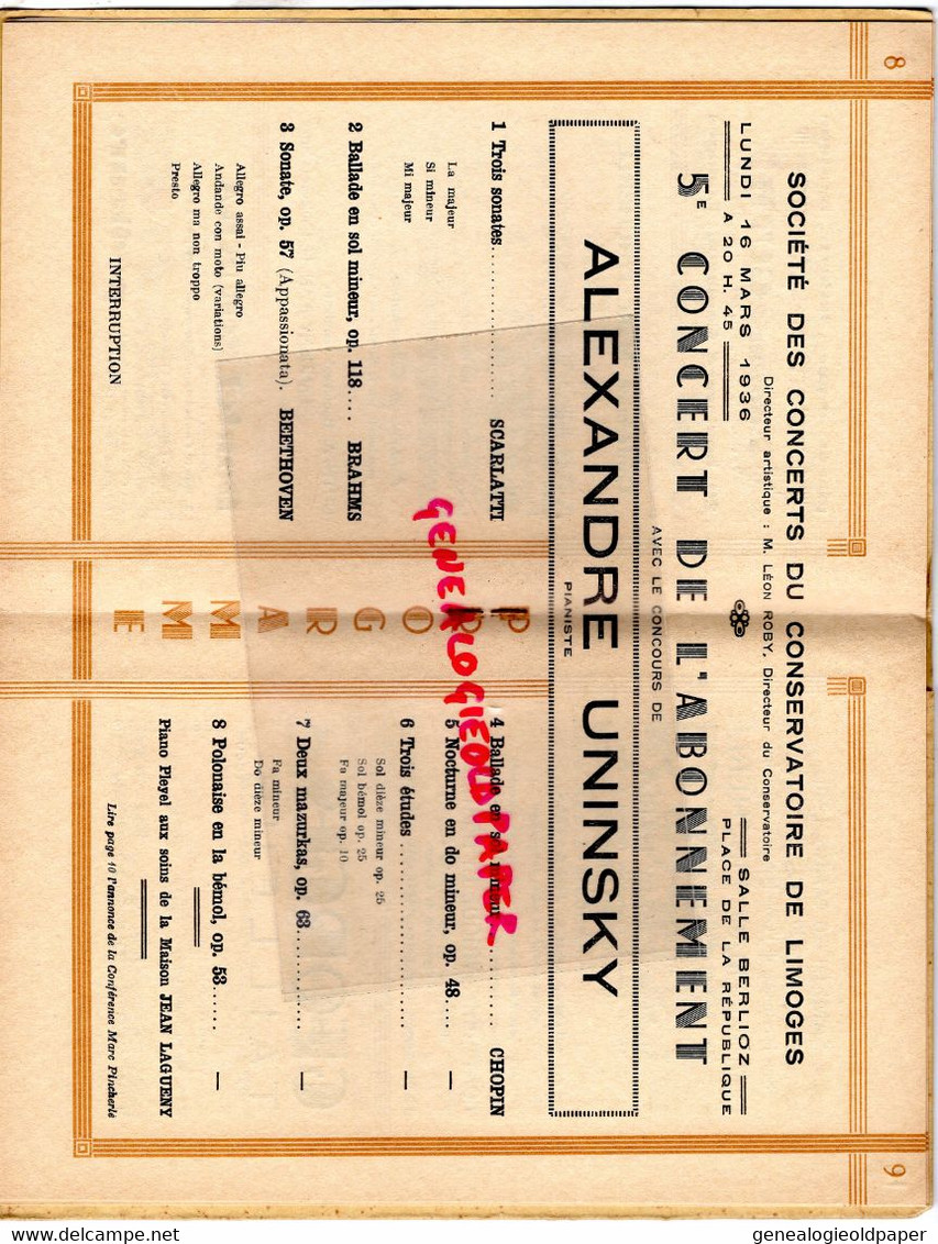 87- LIMOGES- PROGRAMME CONSERVATOIRE MUSIQUE -PLACE EVECHE-1935-1936-SALLE BERLIOZ-ALEXANDRE UNINSKY- MAPATAUD-COIFFE