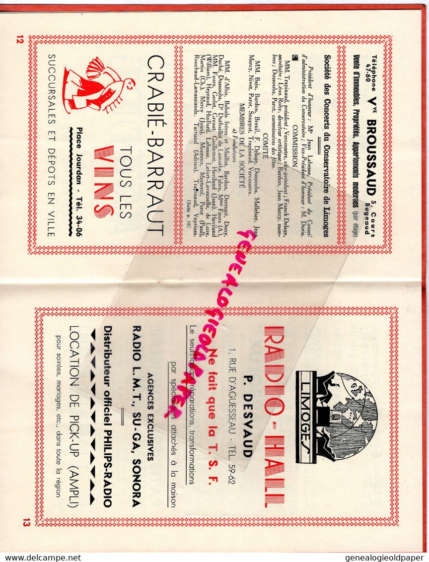 87- LIMOGES- PROGRAMME CONSERVATOIRE MUSIQUE -PLACE EVECHE-1936-1937-SALLE BERLIOZ-BALGUERIE OPERA-WOLSKA RICHET-WAGNER