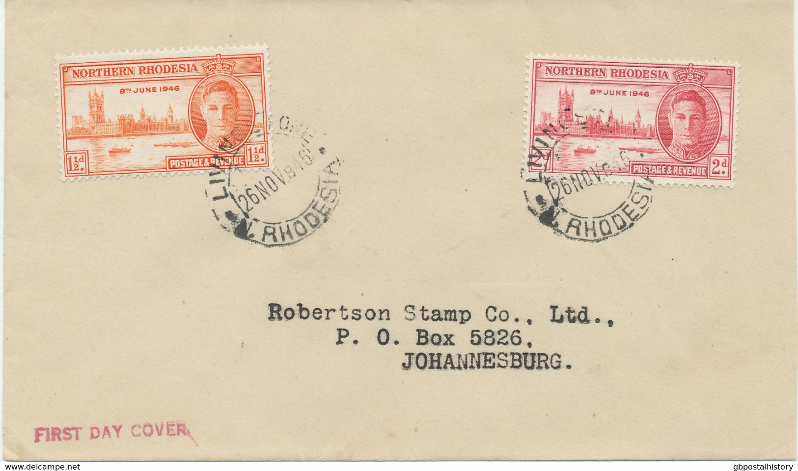 NORTHERN RHODESIA 1946 King George VI VICTORY Set On Superb FDC To South-Africa - Northern Rhodesia (...-1963)