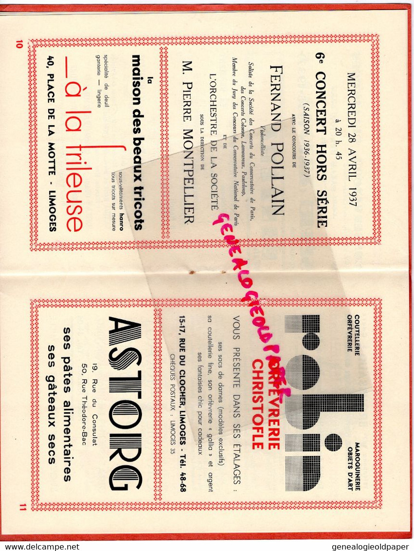 87-LIMOGES- PROGRAMME CONSERVATOIRE MUSIQUE-CONCERTS- 1936-1937-CHARLES PANZERA-BORODINE-FAURE-A.DONY-COIFFE