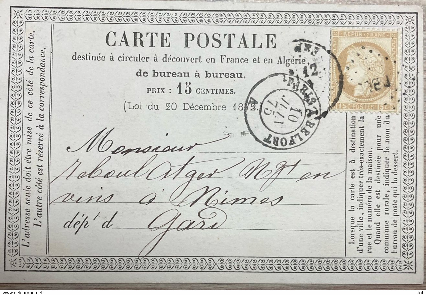 AMBULANT NUIT - P BEL - PARIS à BELFORT - 1875 - Carte De NOGENT Pour NIMES - Poste Ferroviaire