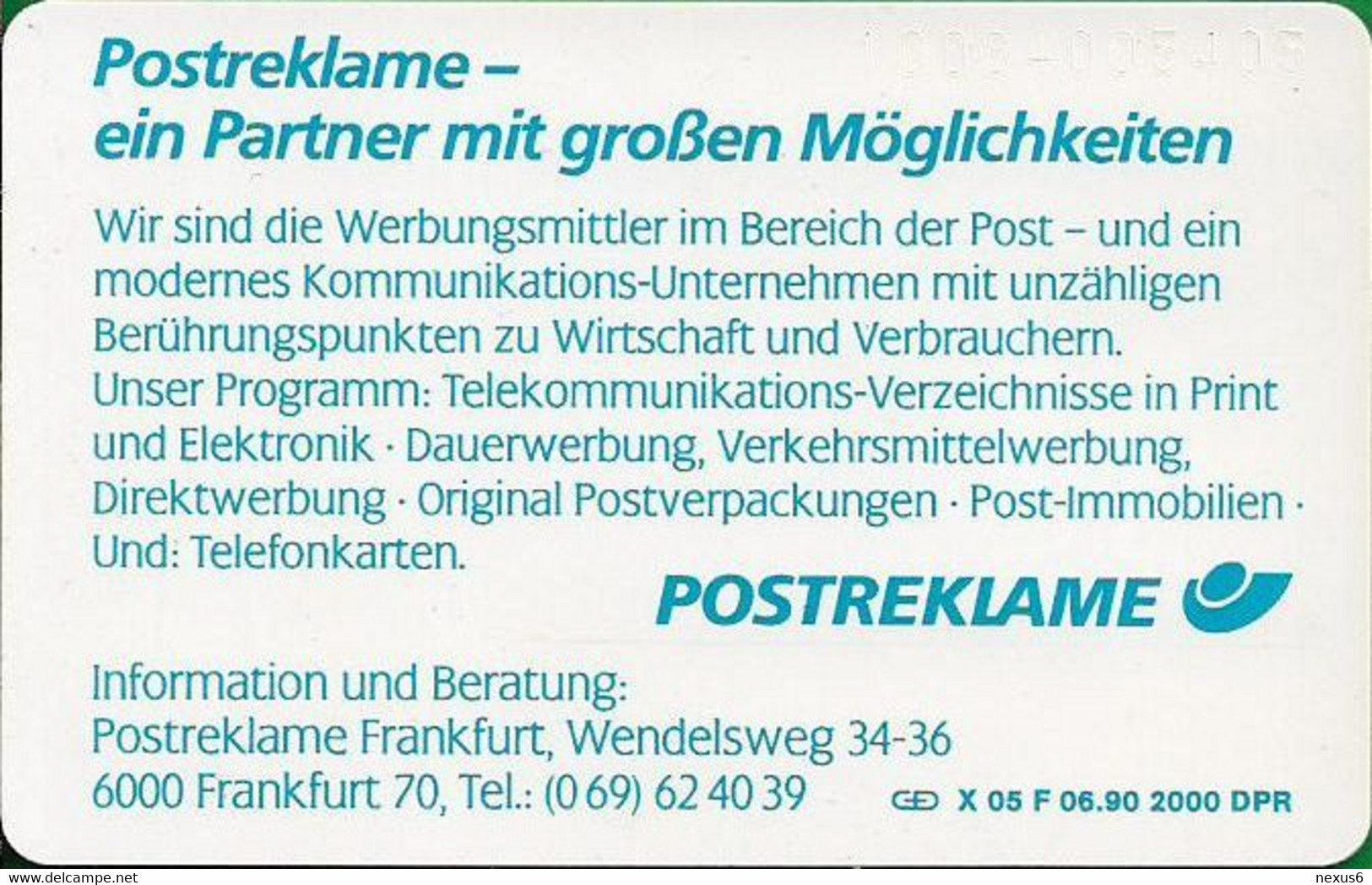 Germany - X 05F - Skyline 6 - Postreklame Frankfurt, 06.1990, 20U, 2.000ex, Mint - X-Series : Publicitarias De La  Postreklame Alemana