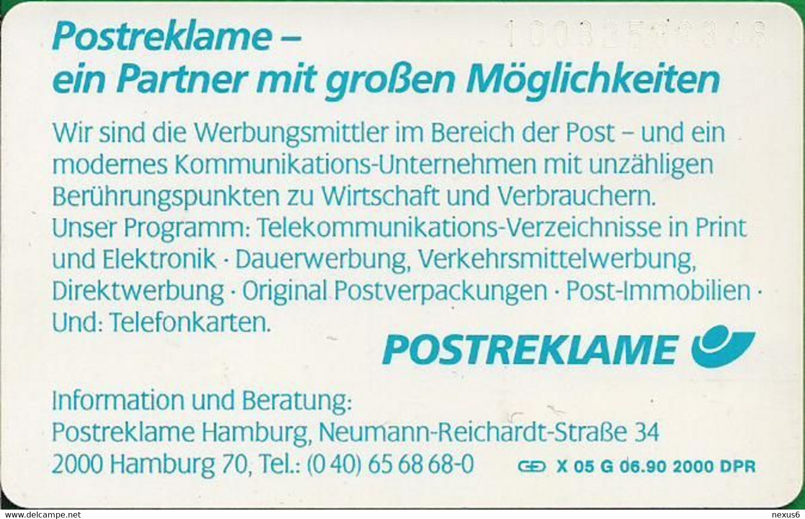 Germany - X 05G - Skyline 7 - Postreklame Hamburg, 06.1990, 20U, 2.000ex, Used - X-Series: Werbeserie Mit Eigenwerbung Der Dt. Postreklame GmbH
