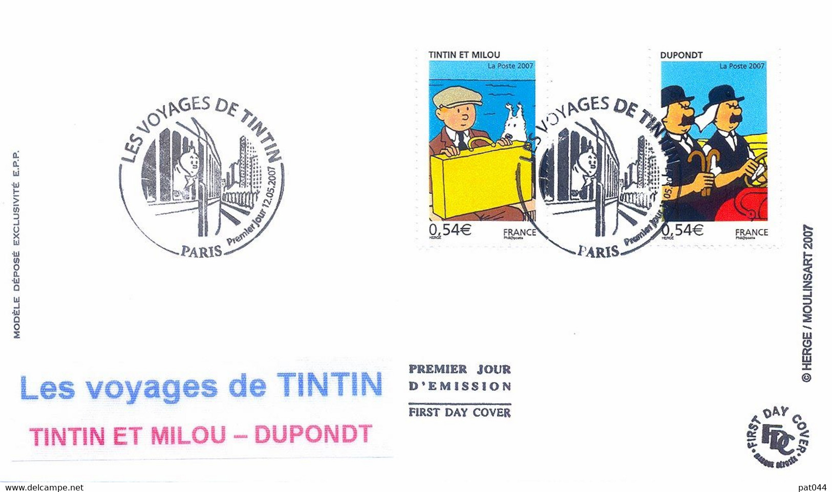 Enveloppe 1er Jour Les Voyages De Tintin, Tintin Et Milou Et Dupondt, 2007 (YT 4051 + 54) - 2000-2009