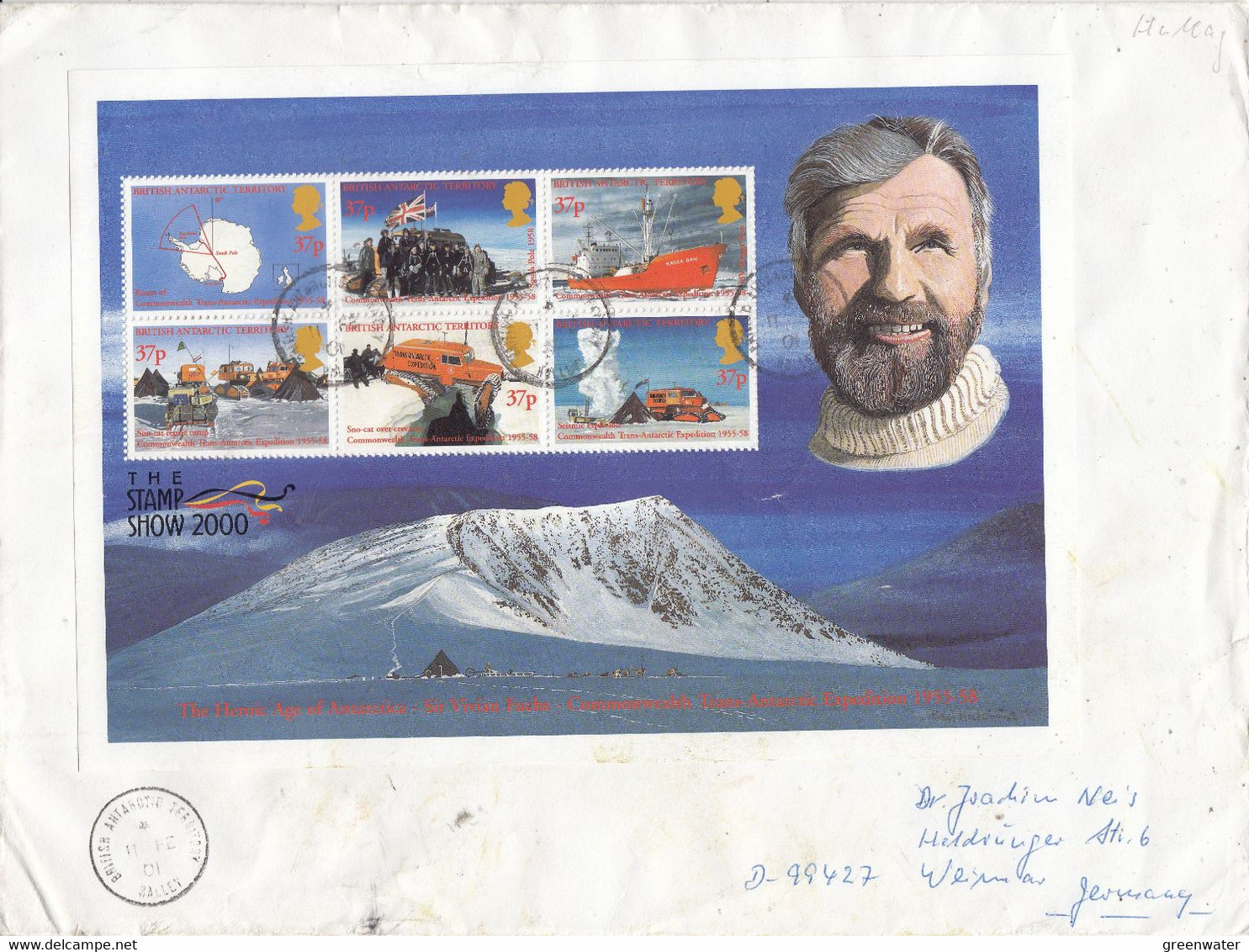 British Antarctic Territory (BAT) 2000 Sir Vivian Fuchs M/s Used On Cover Ca Halley 4 FE 01 (F9030) - Gebruikt