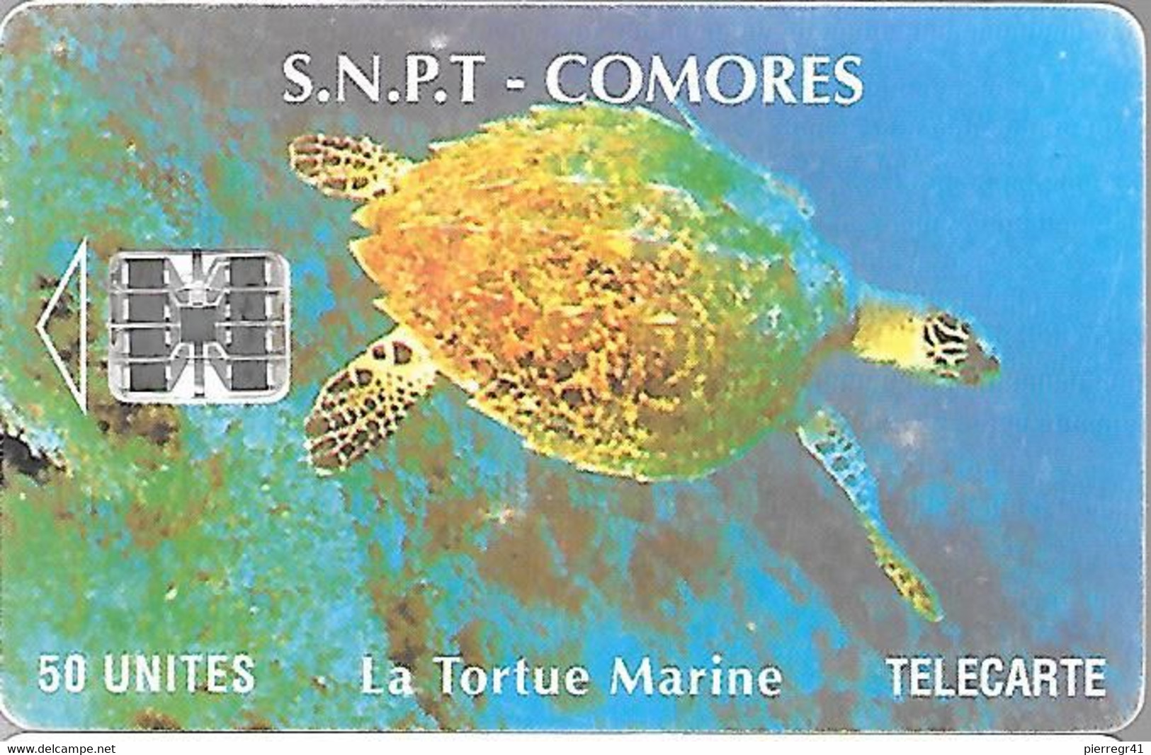 CARTE-PUCE-50U-SC7-SNPT COMORES-TORTUE MARINE-UTILISE-V°8 N°ROUGE 00215304-Etroit- V°en Bas A Droite-TBE - Schildpadden