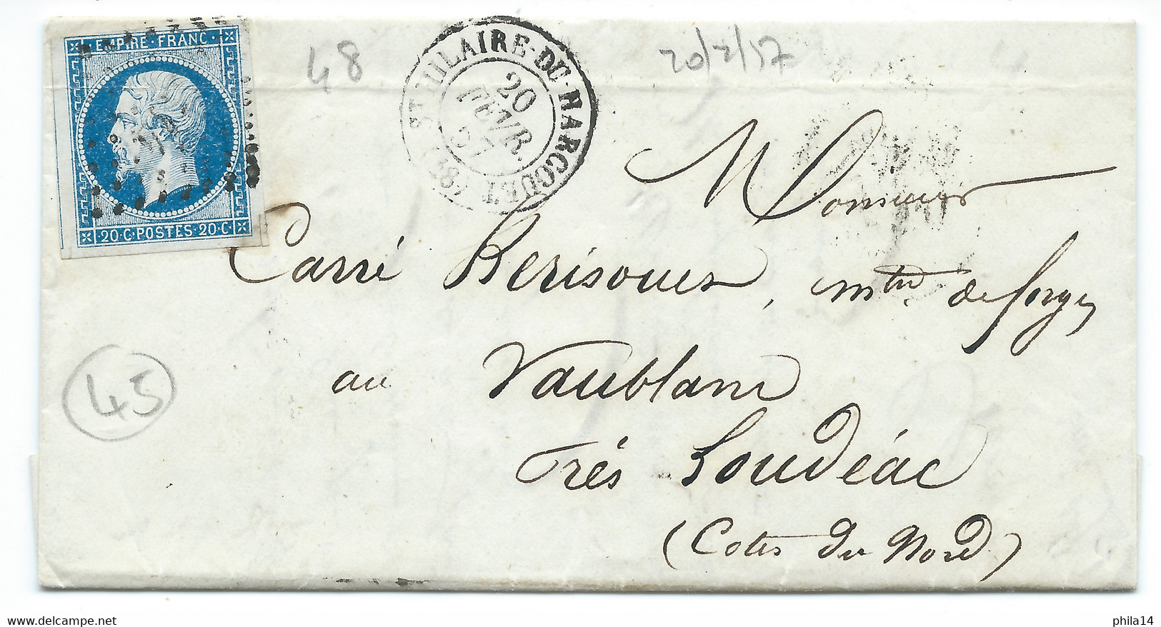 N° 14 BLEU NAPOLEON SUR LETTRE / ST HILAIRE DU HARCOUET POUR VAUBLANC / 20 FEV 1857 / PC 3114 IND 4 - 1849-1876: Classic Period