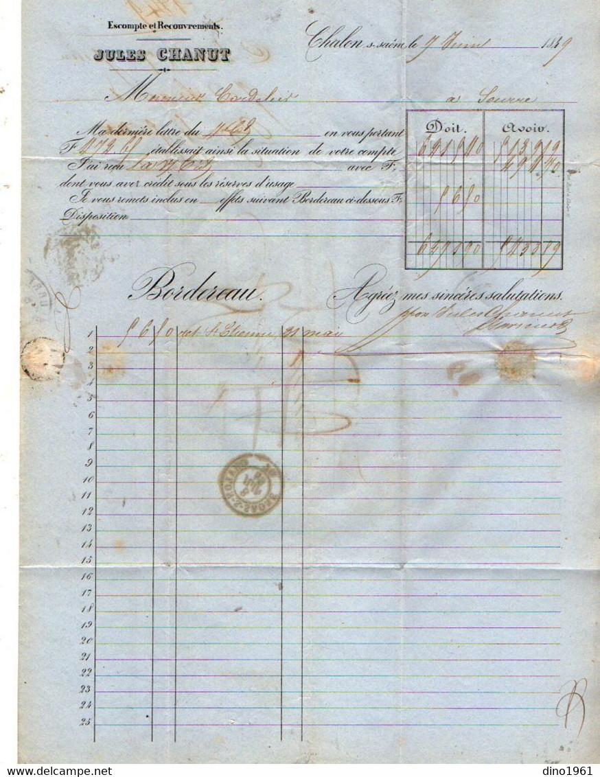 VP18.526 - 1849 - Lettre / Facture - Banque.... Jules CHANUT à CHALON SUR SAONE Pour SEURRE - Banco & Caja De Ahorros