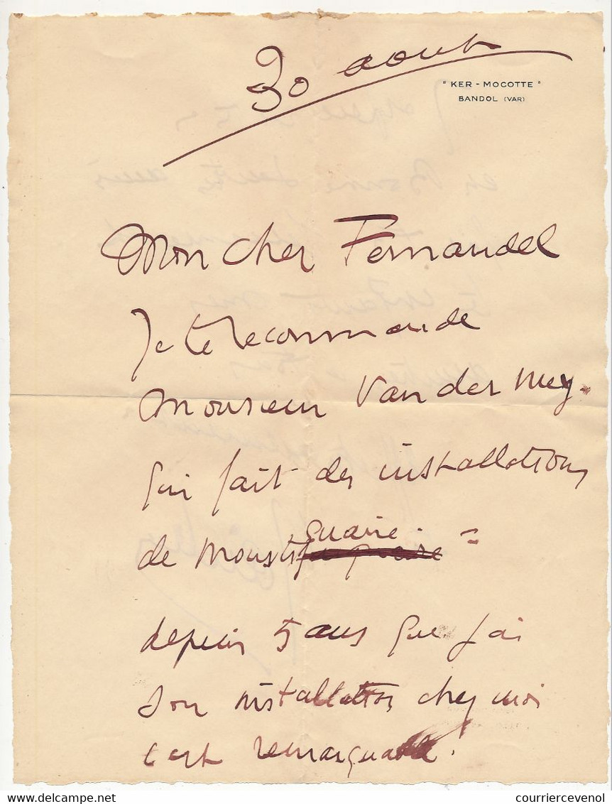 Lettre Autographe De RAIMU, En-tête "Ker-Mocotte" Bandol (Var) Adressée à Fernandel - 30 Aout (1940) - Andere & Zonder Classificatie