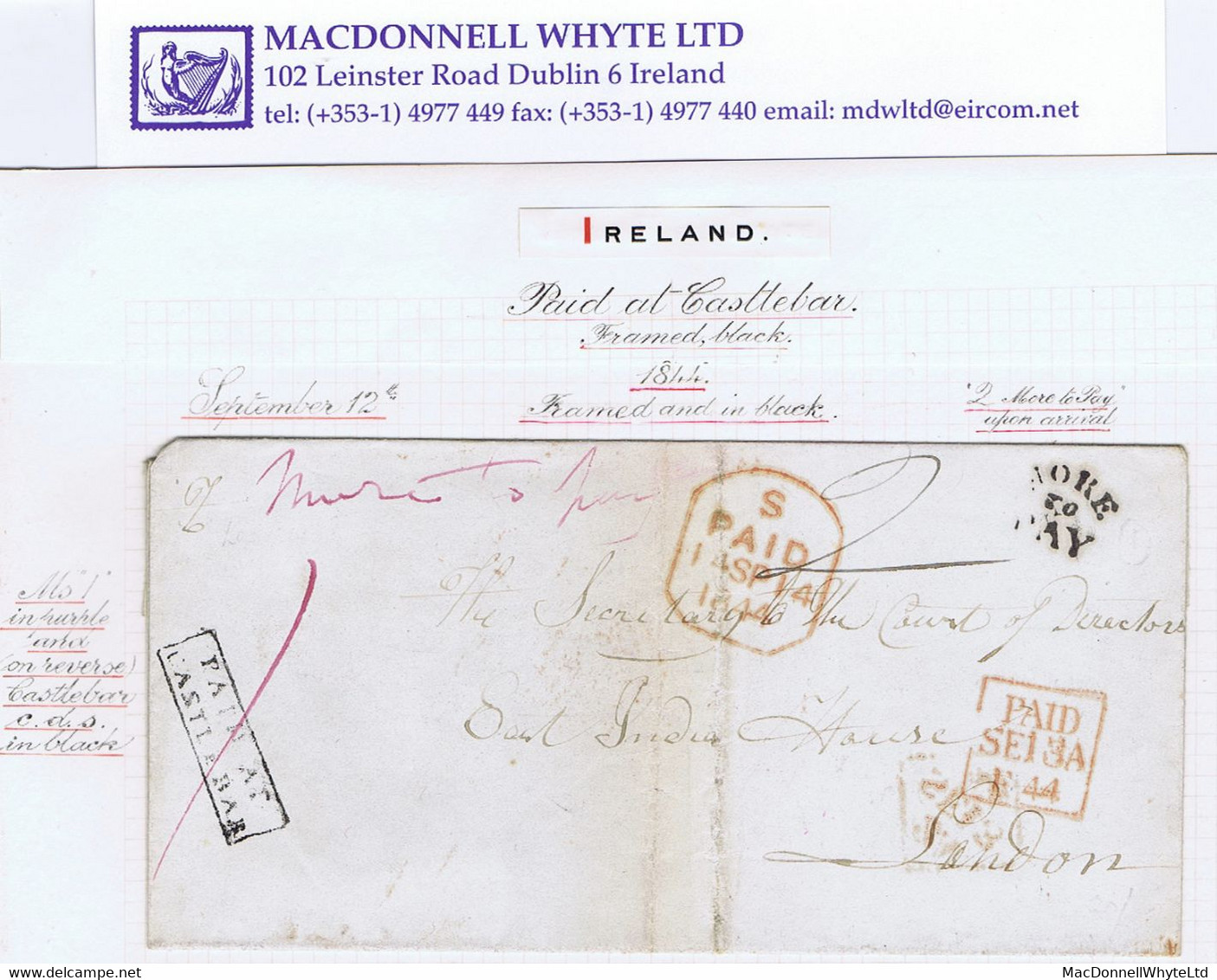 Ireland Mayo Postage Due Military 1844 Cover PAID AT/CASTLEBAR Underpaid With MORE/TO/PAY, Due '2' - Vorphilatelie