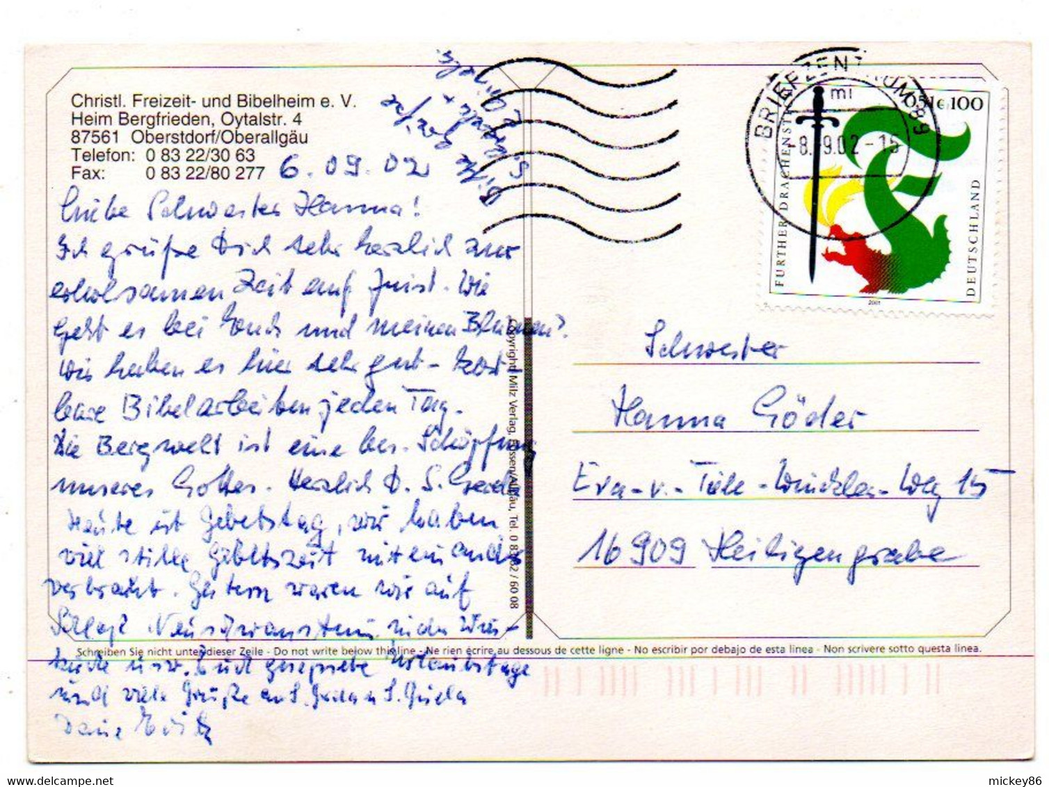 Allemagne-- OBERSTDORF  --2002 -- Christl.Freizeit- Und Bibelheim E.V  .........timbre.....cachet............. à Saisir - Oberstdorf