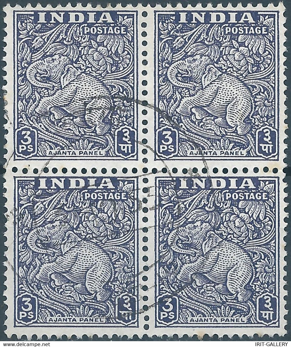 INDIA - INDIAN - 1949 Elephant In Bas-relief, 3P In Block Stamps Obliterated - Oblitérés