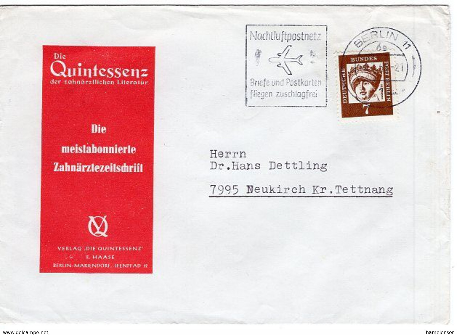 50135 - Berlin - 1963 - 7Pfg. Bed. Deutsche EF A. DrucksBf. BERLIN - NACHLUFTPOSTNETZ ... -> Neukirch - Post