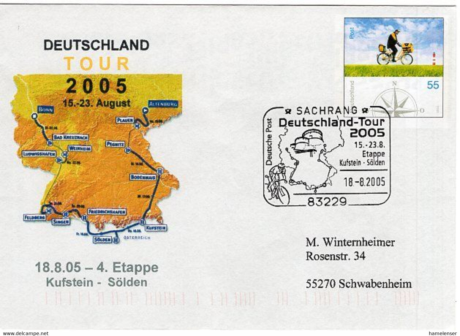 50140 - Bund - 2005 - 55Pfg. Plusbrief "Postzusteller" M. SoStpl. SACHRANG - DEUTSCHLAND-TOUR 2005 -> Schwabenheim - Cycling