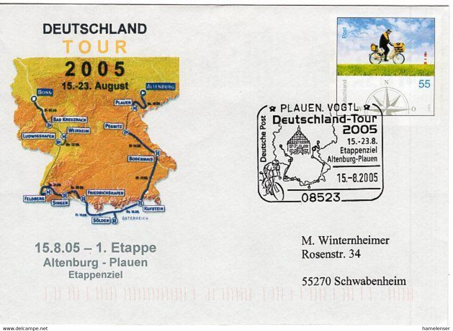 50141 - Bund - 2005 - 55Pfg. Plusbrief "Postzusteller" M. SoStpl. PLAUEN - DEUTSCHLAND-TOUR 2005 -> Schwabenheim - Ciclismo