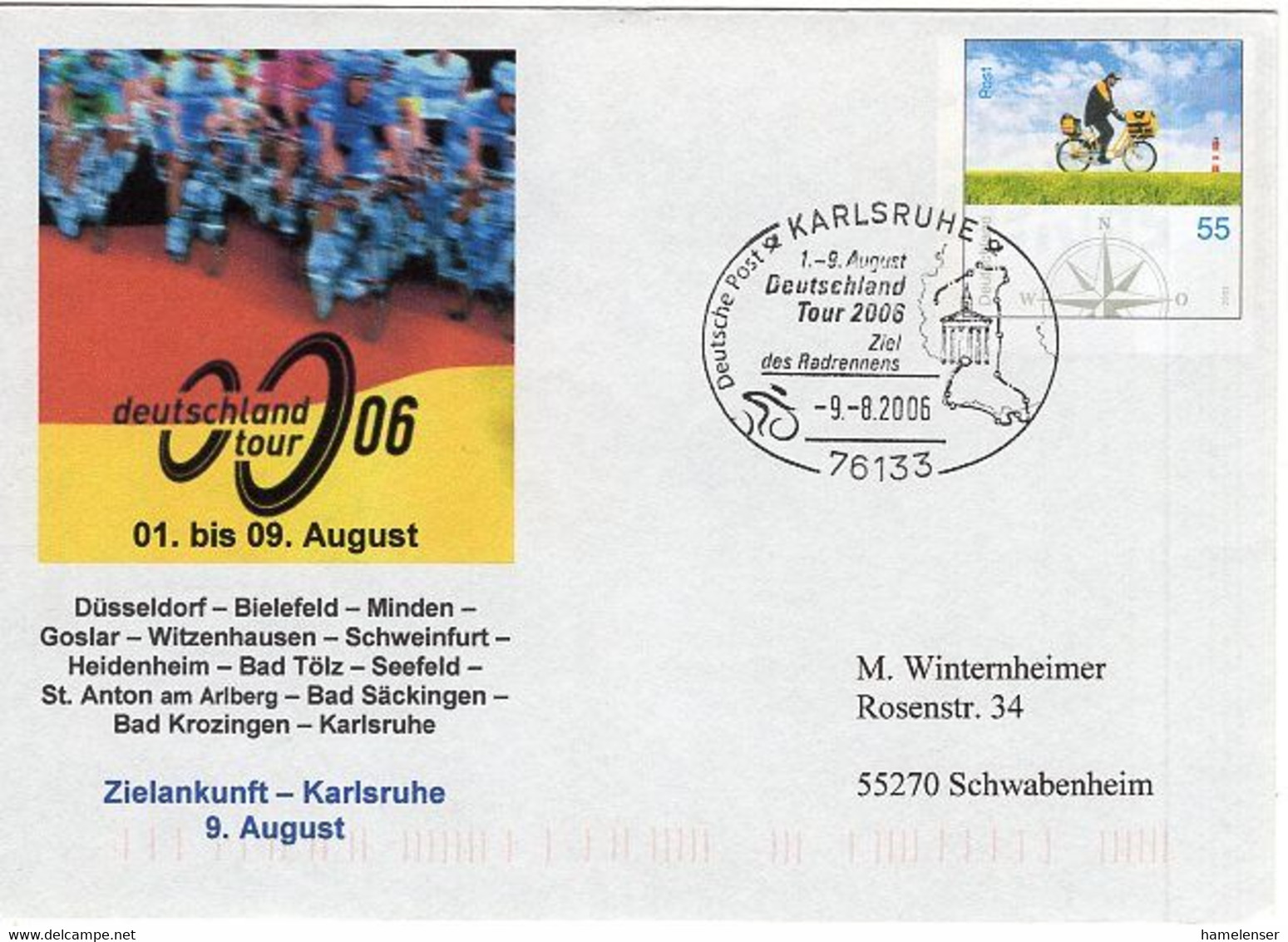 50143 - Bund - 2006 - 55Pfg. Plusbrief "Postzusteller" M. SoStpl. KARLSRUHE - DEUTSCHLAND-TOUR 2006 -> Schwabenheim - Cyclisme