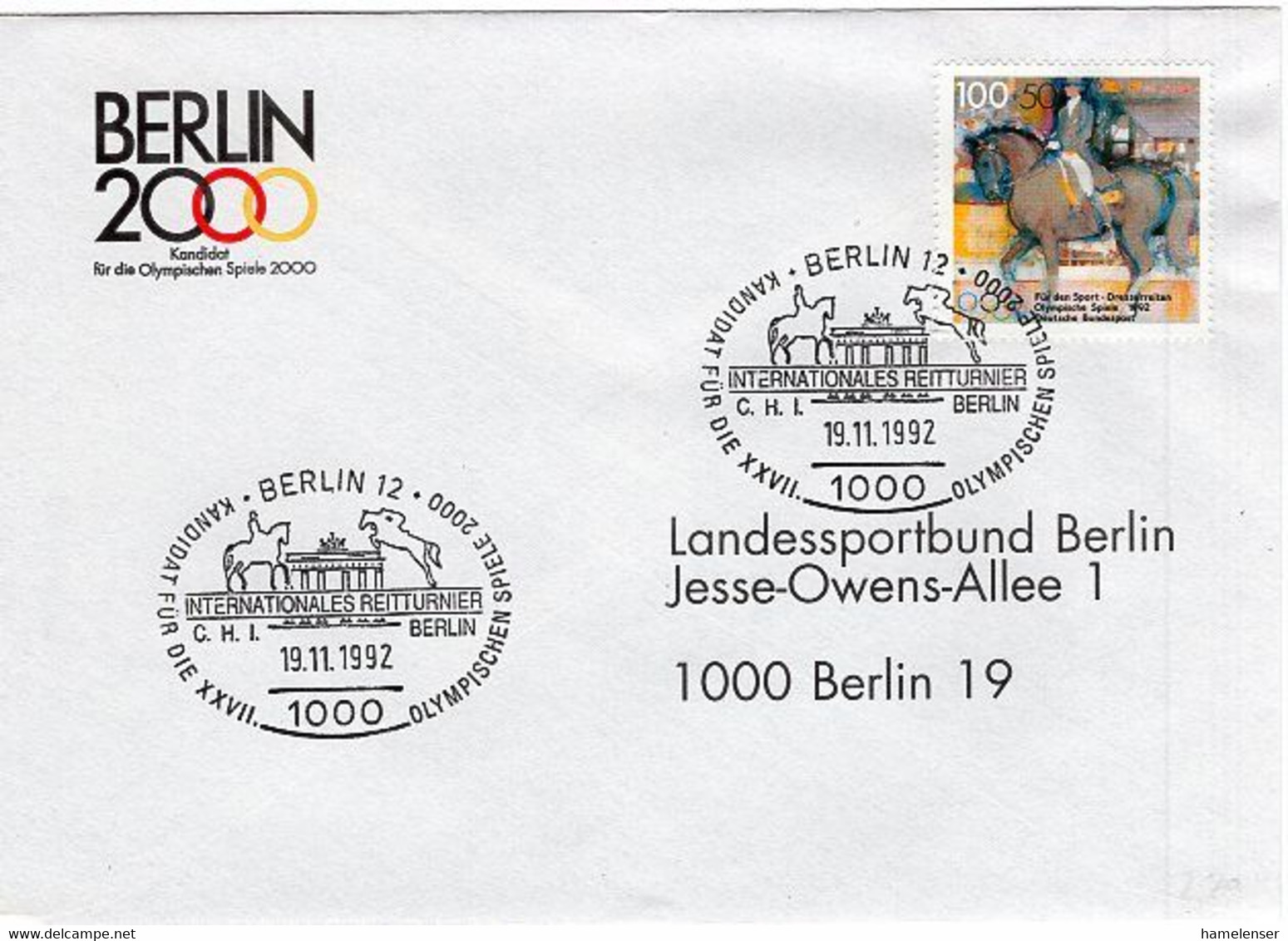 50148 - Bund - 1992 - 100Pfg. Olympiade '92 EF A. Bf. M. SoStpl. BERLIN - INTERNATIONALES REITTURNIER -> Berlin - Hippisme