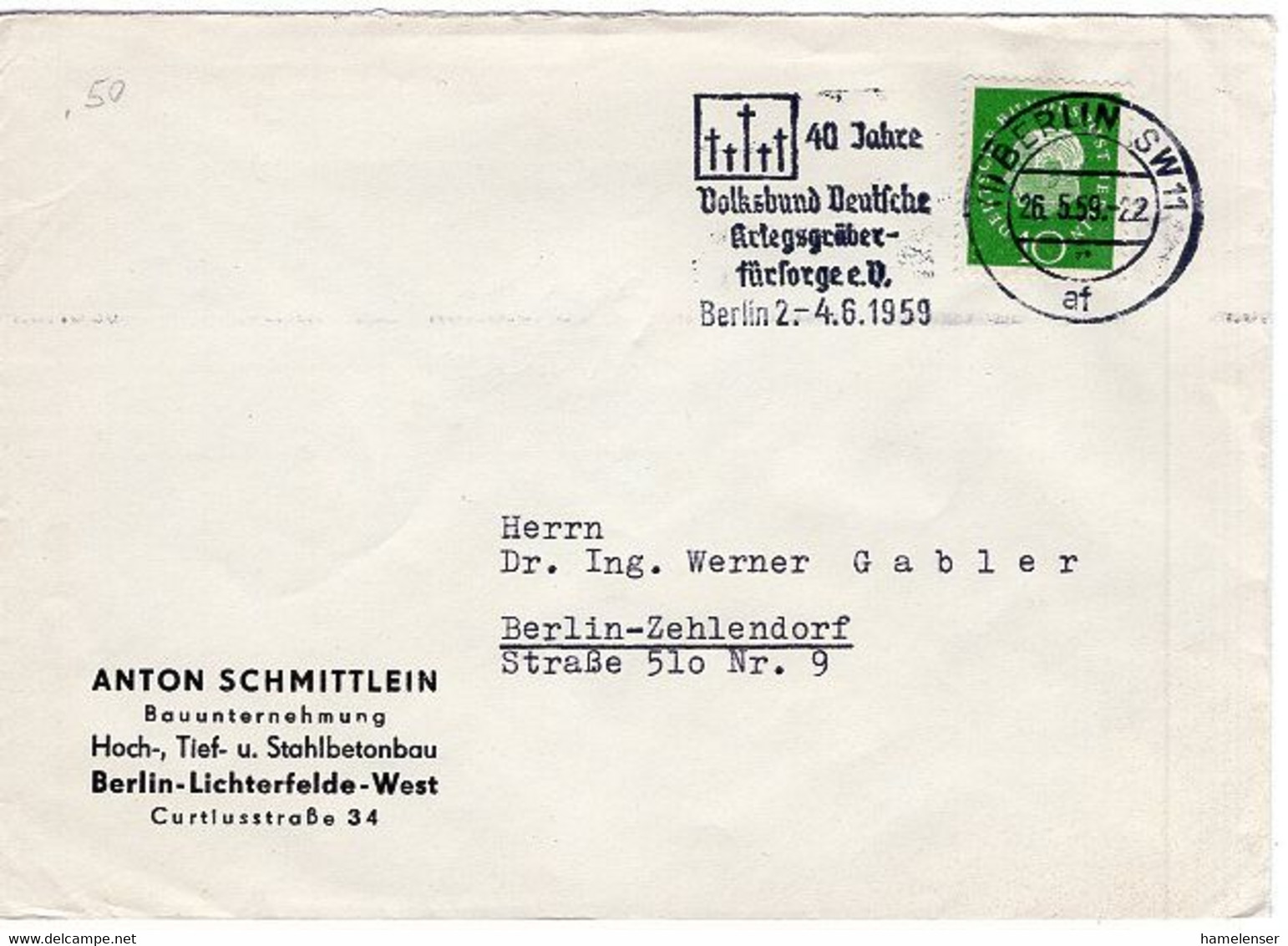 50151 - Berlin - 1959 - 10Pfg. Heuss III EF A. Bf. M. MaschStpl. BERLIN - 40 JAHRE VOLKSBUND -> Berlin - Lettres & Documents