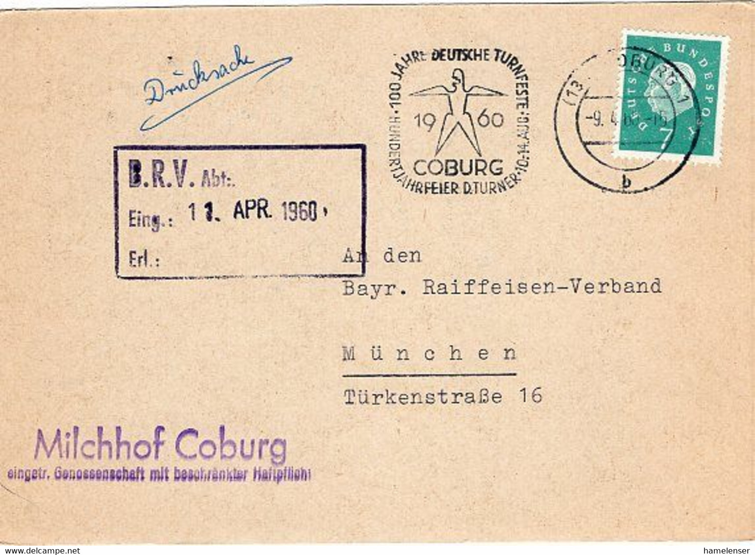 50162 - Bund - 1960 - 7Pfg. Heuss IIl EF A. DrucksKte. M. MaschStpl. COBURG -> 100 JAHRE TURNFESTE ... -> Muenchen - Other & Unclassified