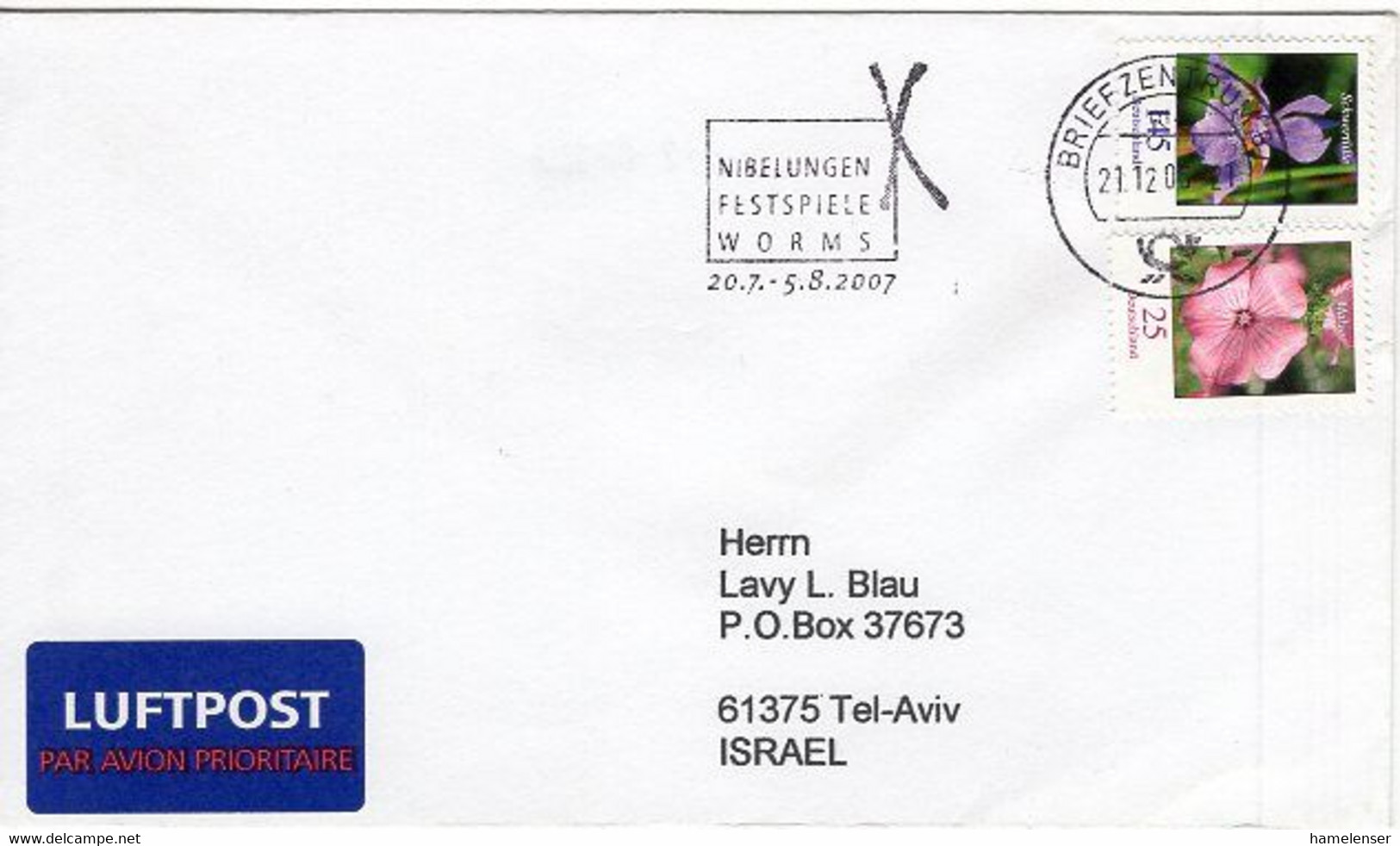 50164 - Bund - 2006 - 145c Blumen MiF A. LpBf. M. MaschStpl. BZ 67 - NIBELUNGEN FESTSPIELE WORMS ... -> Israel - Musique