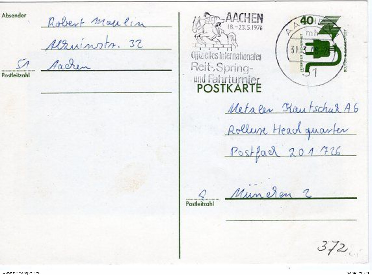 50173 - Bund - 1976 - 40Pfg. GAKte. MaschStpl. AACHEN - INTERNATIONALES REITTURNIER ... -> Muenchen - Horses