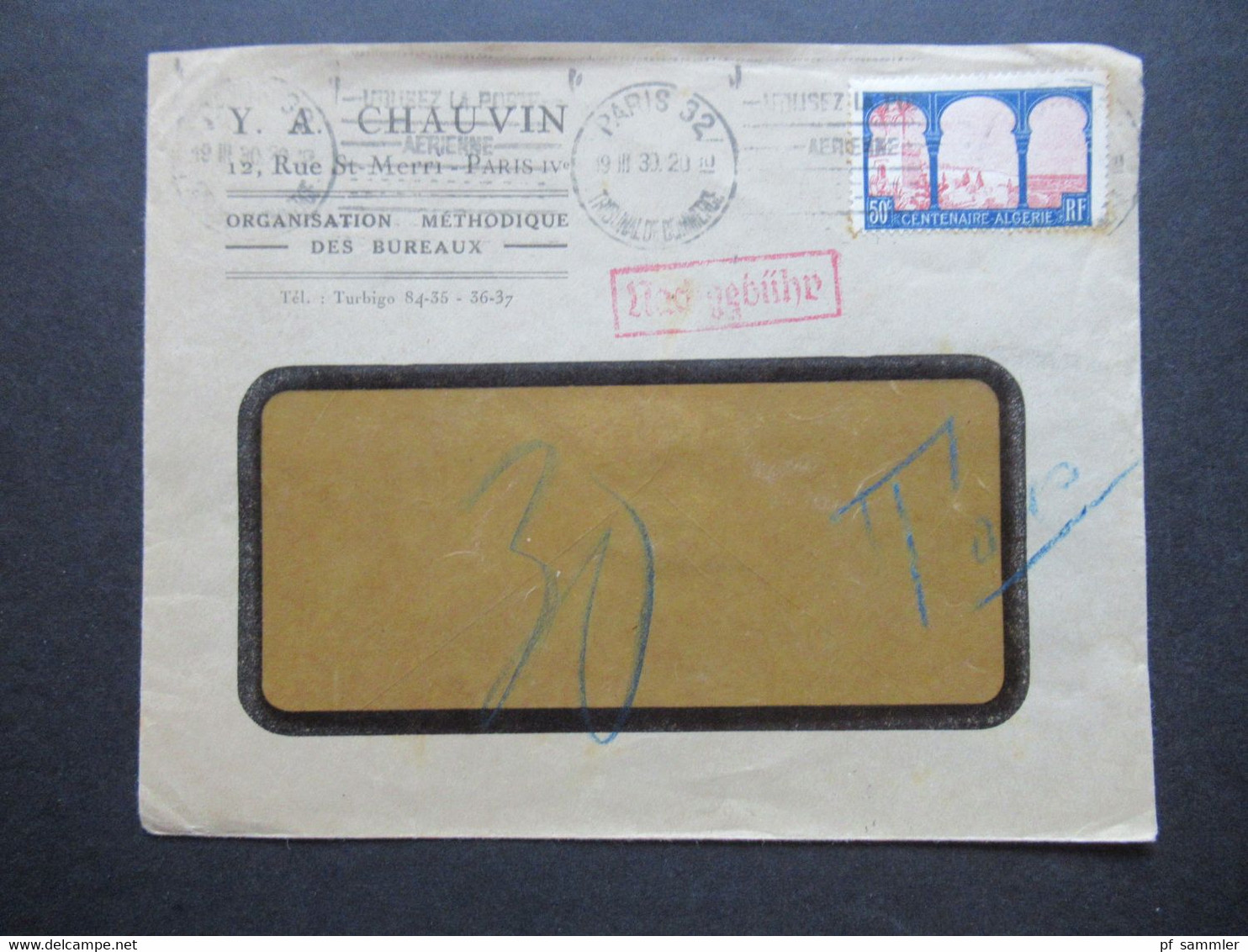 Frankreich 1930 Kolonie Algerien Umschlag Y.A. Chauvin Organisation Methodique Nachgebühr Stempel Und Blaustift Taxe 30 - Storia Postale