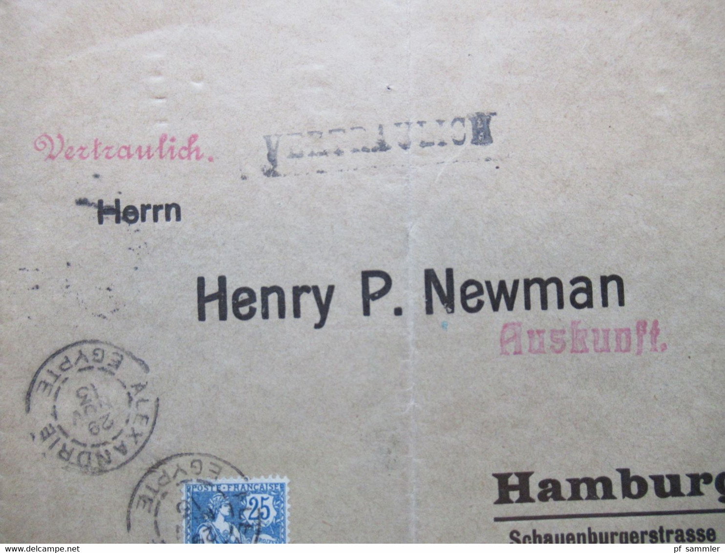 Frankreich 1913 Kolonie Alexandrie Ägypten Schiffspost Nach Hamburg Henry P. Newman Stp. Port - Said Egypte Orientbank - Storia Postale