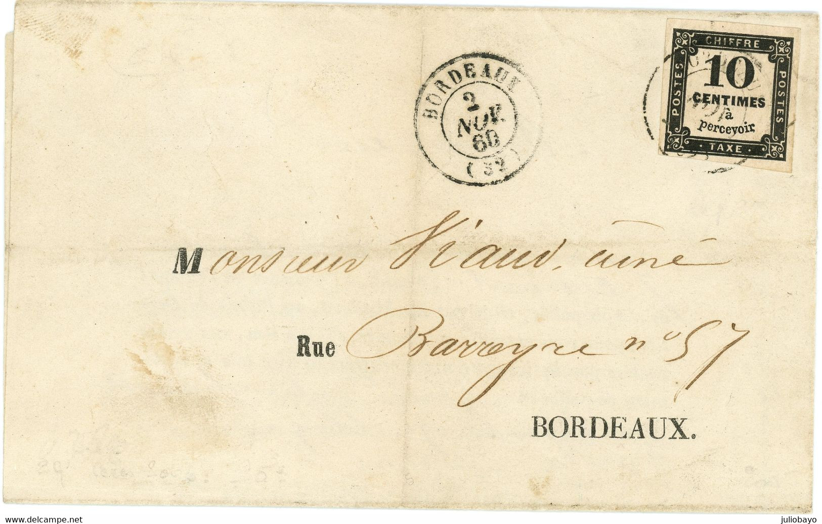 2 Novembre 1860 Taxe N°2A TTB Sur Lettre De Bordeaux - 1859-1959 Lettres & Documents