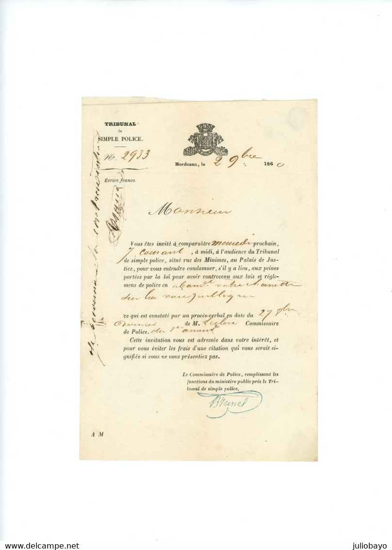 2 Novembre 1860 Taxe N°2A TTB Sur Lettre De Bordeaux - 1859-1959 Lettres & Documents