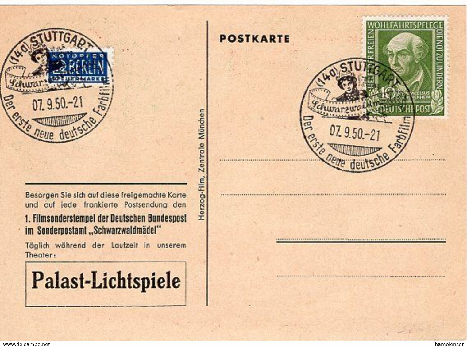 50182 - Bund - 1950 - 10Pfg. Paracelsus EF A. Blanko-AnsKte. M. SoStpl. STUTTGART - DER ERSTE NEUE DEUTSCHE FARBFILM - Film