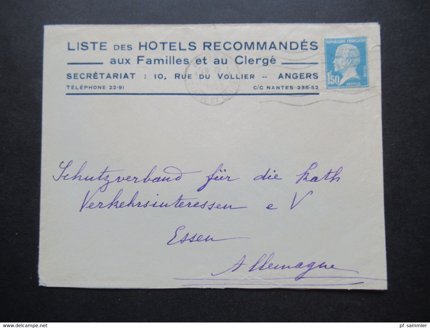 Frankreich 1932 Hotelpost Umschlag Liste Des Hotels Recommandes Aux Familles Et Au Clerge Angers Nach Essen Gesendet - Briefe U. Dokumente