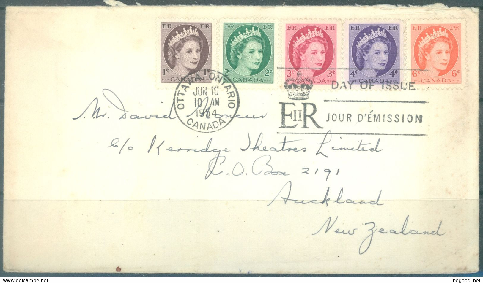 CANADA - 10.6.1954 - FDC - ELIZABETH II - FROM OTTAWA TO AUCKLAND - Mi 290Ax-295Ax Yv 267-272 - Lot 24121 - 1952-1960