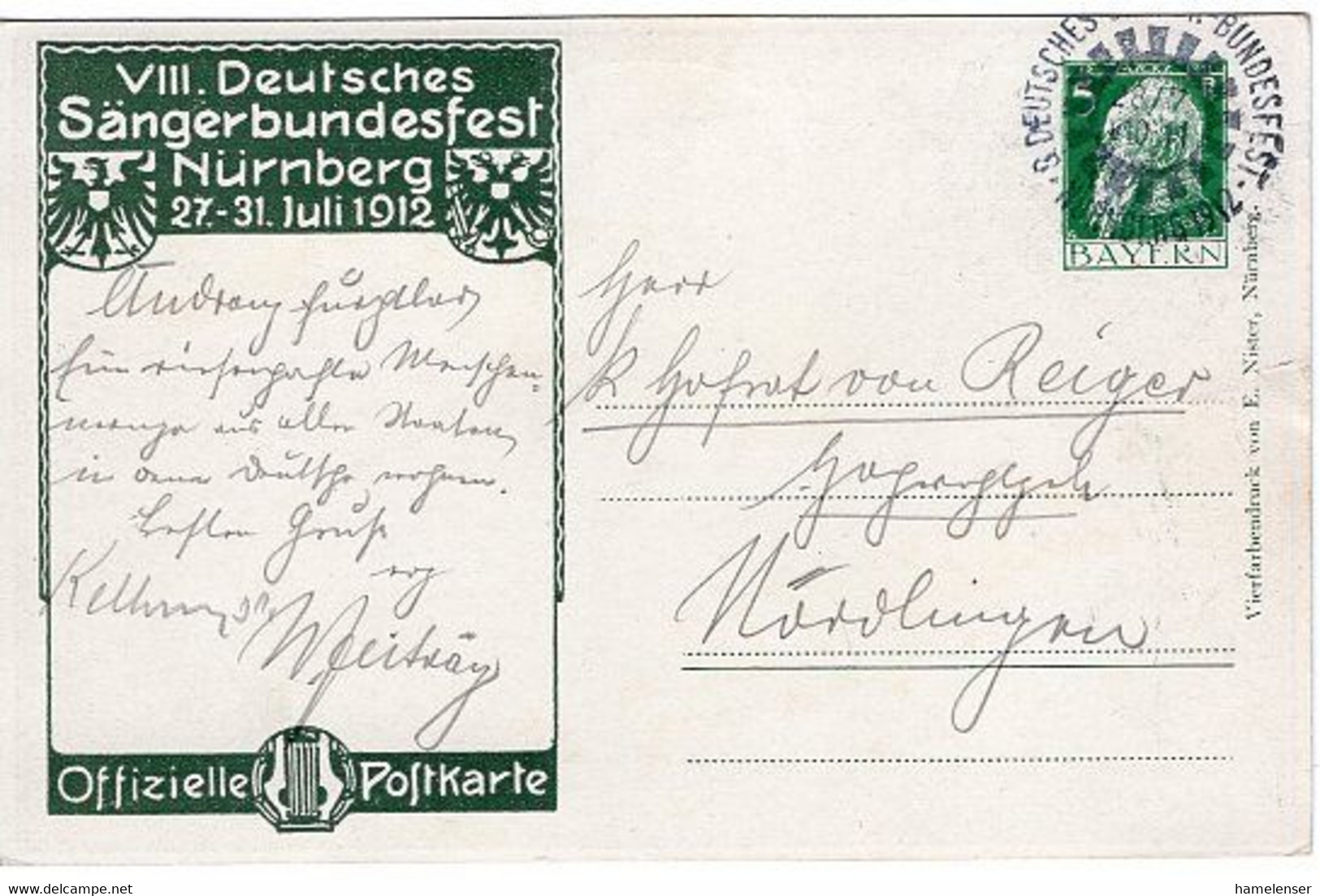 50195 - Altdeutschland / Bayern - 1912 - 5Pfg. Luitpold PGA-AnsKte. "VIII. Saengerbundfest" M. SoStpl. NUERNBERG - . -> - Música