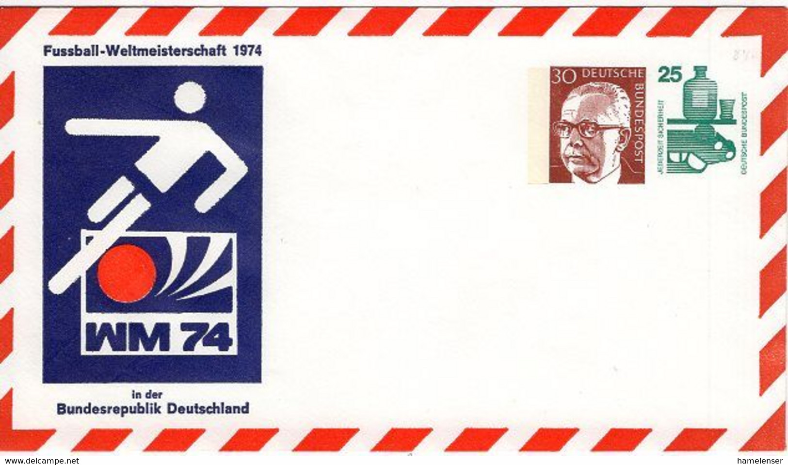 50214 - Bund - 1974 - 25Pfg. Unfall & 30Pfg. Heinemann PGA-Luftpostumschl. "Fussball-WM 1974", Ungebraucht - 1974 – Germania Ovest