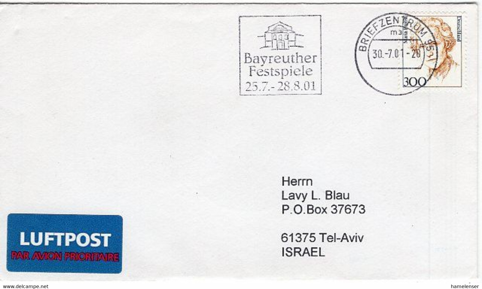 50228 - Bund - 2001 - 300Pfg. Frauen EF A. LpBf. BZ 95 - BAYREUTHER FESTSPIELE -> TEL-AVIV (Israel) - Musique
