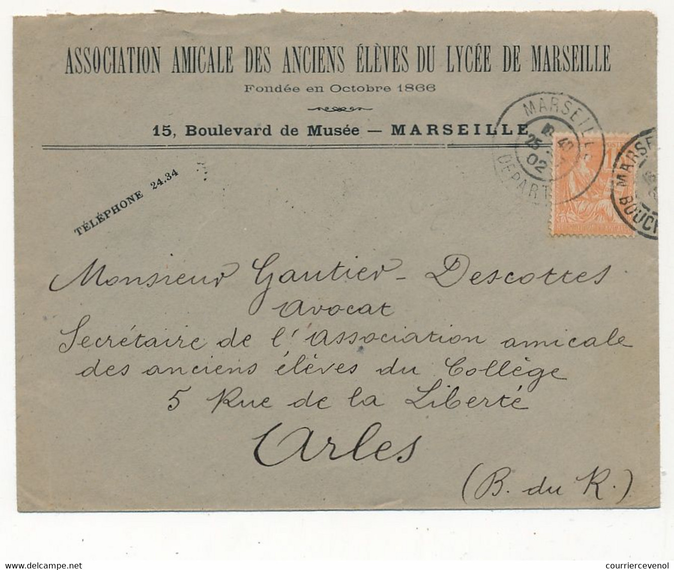 FRANCE - Env. En-tête "Association Amicale Anciens élèves Lycée De Marseille" - 1902 - Cachet Privé Lycée Thiers Au Dos - Diploma's En Schoolrapporten