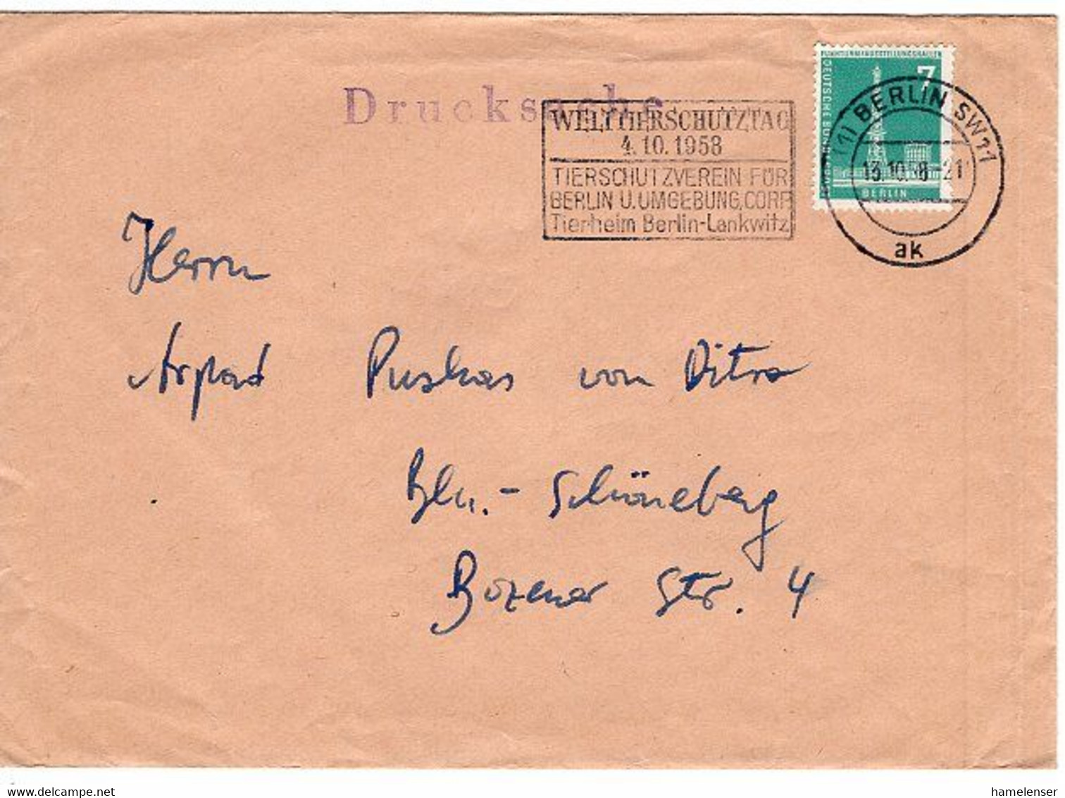 50237 - Berlin - 1958 - 7Pfg. Bauten EF A. DrucksBf. BERLIN - WELTTIERSCHUTZTAG ... -> Berlin - Environment & Climate Protection