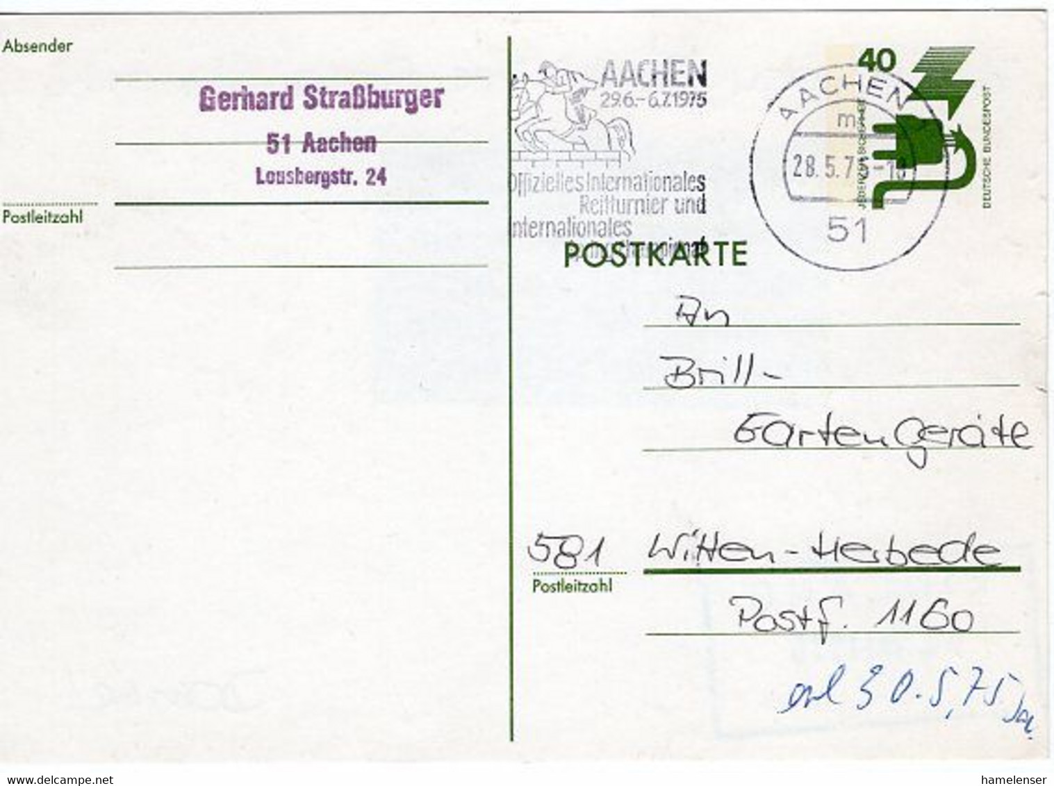 50238 - Bund - 1975 - 40Pfg. GA-Kte. M. MaschStpl. AACHEN - INTERNATIONALES REITTURNIER ... -> Witten - Horses