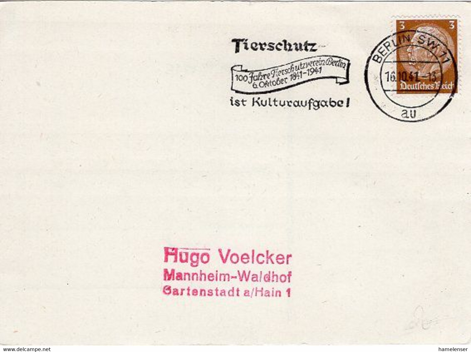 50241 - Deutsches Reich - 1941 - 3Pfg. Hindenburg A. DrucksKte. BERLIN - TIERSCHUTZ ... IST KULTURAUFGABE -> Mannheim - Protección Del Medio Ambiente Y Del Clima