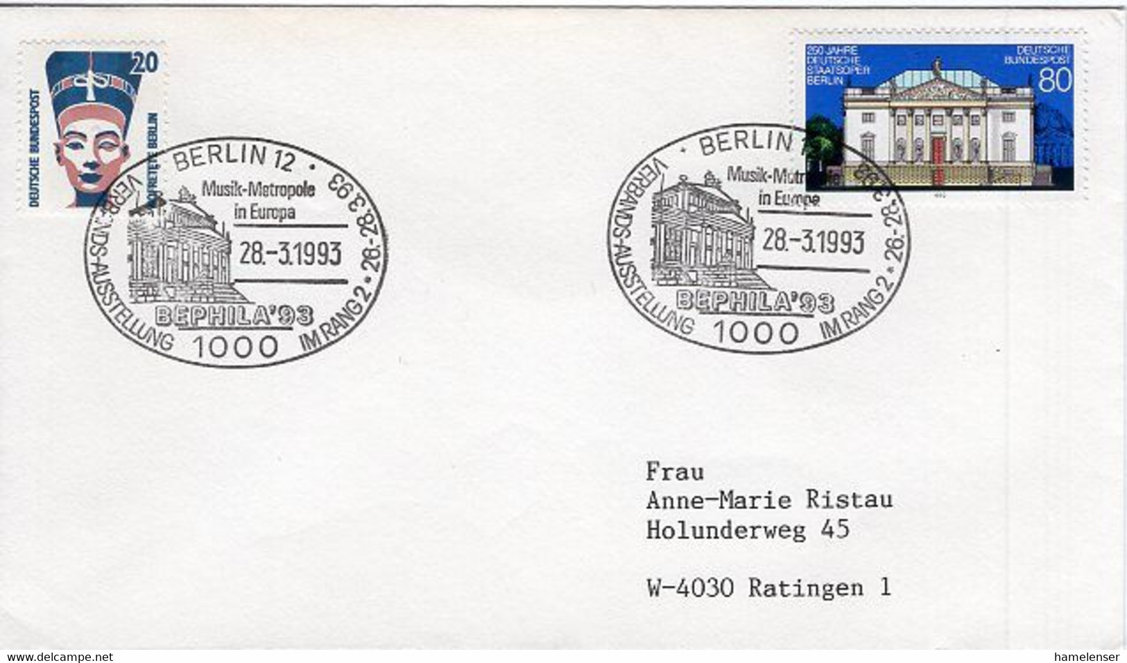 50242 - Bund - 1993 - 80Pfg. Staatsoper MiF A. Bf. M. SoStpl. BERLIN - MUSIK-METROPOLE IN EUROPA ... -> Ratingen - Música