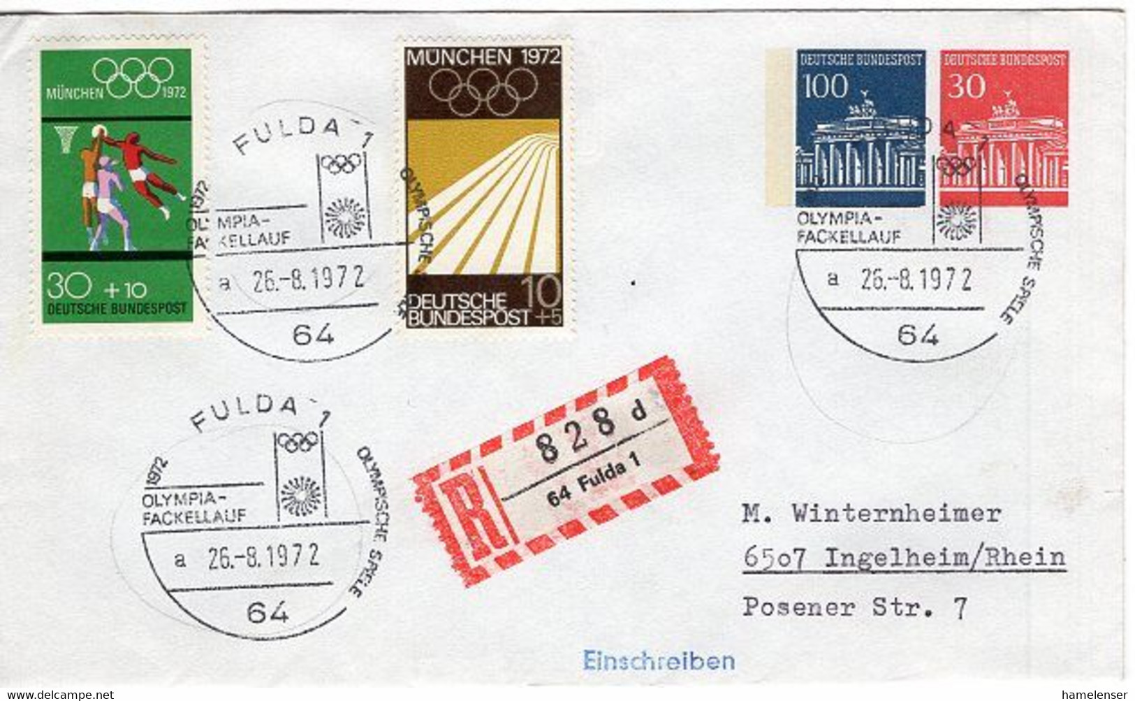 50246 - Bund - 1972 - 30&100Pfg. Brandenburger Tor PGA-Umschl. M. SoStpl. FULDA - OLYMPIA-FACKELLAUF -> Ingelheim - Ete 1972: Munich