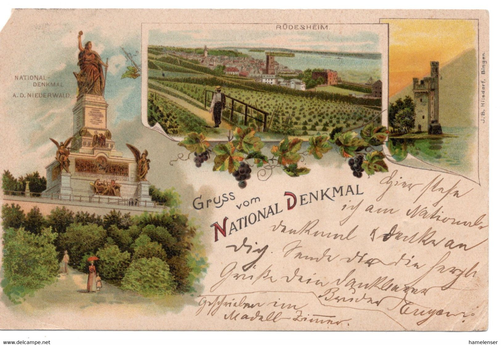 53287 - Deutsches Reich - 1901 - Color-AnsKte. "Gruss Vom National-Denkmal (Niederwald)" (li.o. Eckmgl.) - Rüdesheim A. Rh.