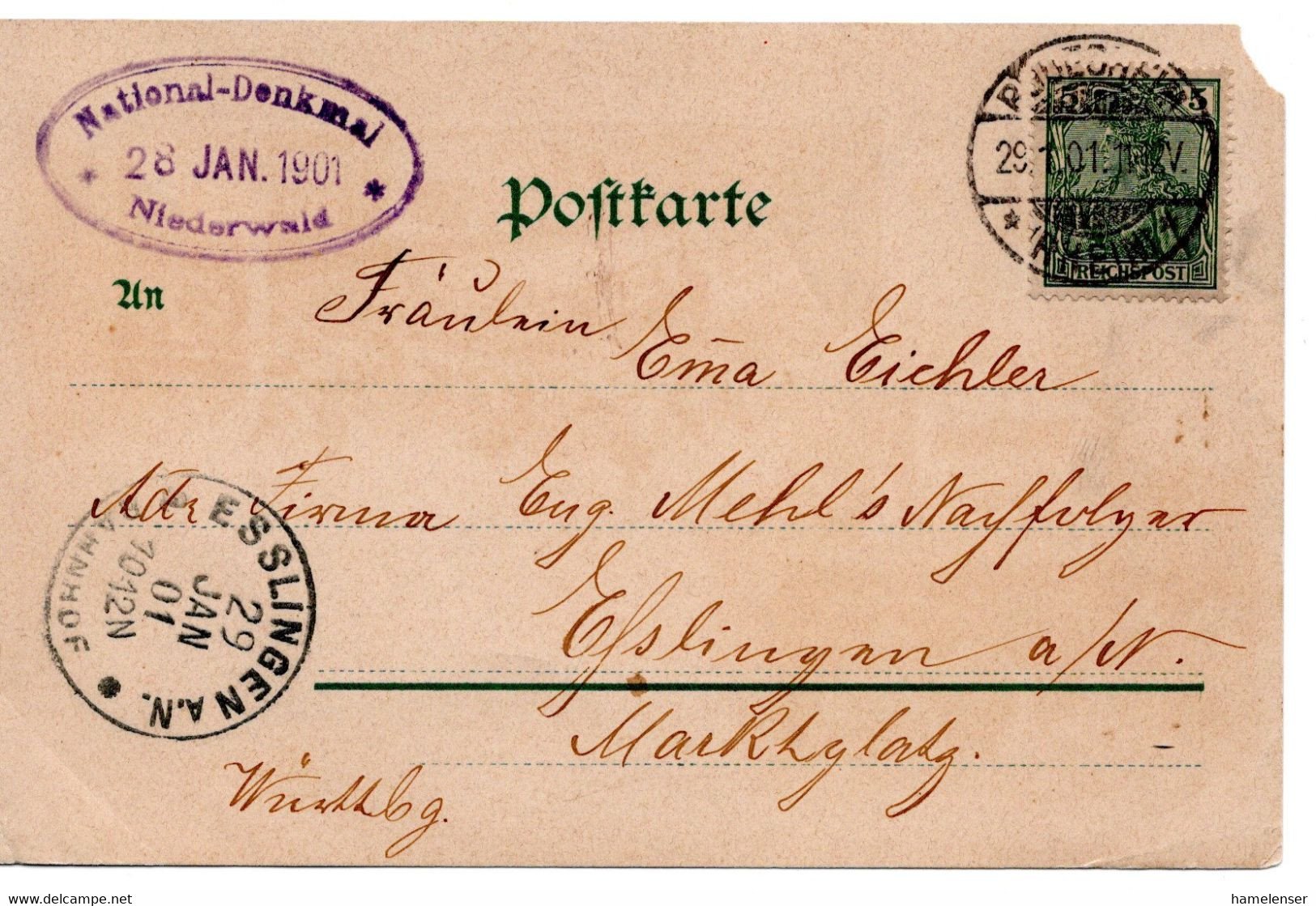 53287 - Deutsches Reich - 1901 - Color-AnsKte. "Gruss Vom National-Denkmal (Niederwald)" (li.o. Eckmgl.) - Ruedesheim A. Rh.