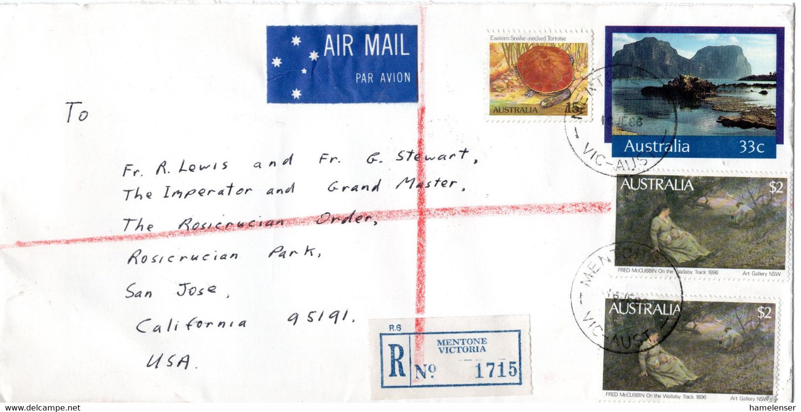 L53293 - Australien - 1986 - 2@$2 Gemaelde Etc. A. R-Lp-GA-Umschlag MENTONE -> SAN JOSE, CA (USA) - Cartas & Documentos