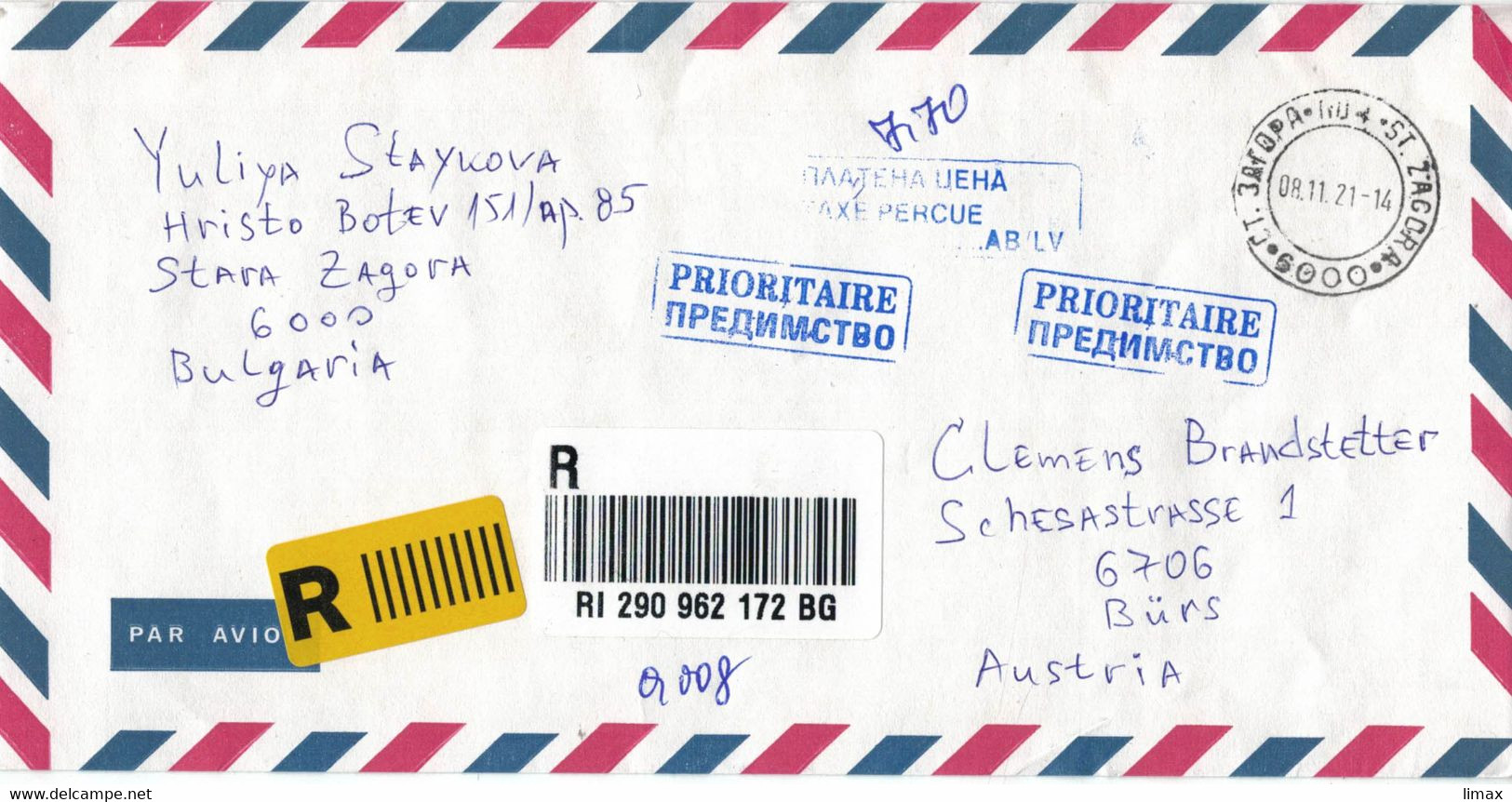 [A5] Reko Stara Zagora 2021 Taxe Percue > Österreich - Lettres & Documents