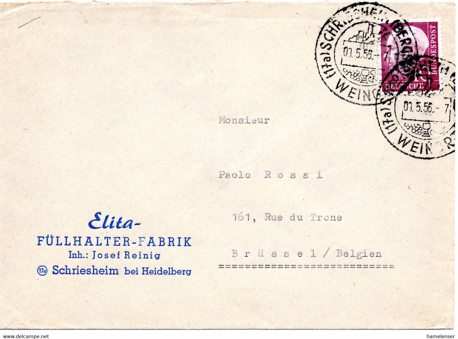 53299 - Bund - 1956 - 40Pfg. Heuss I EF A. Bf. SCHRIESHEIM -> Belgien - Briefe U. Dokumente