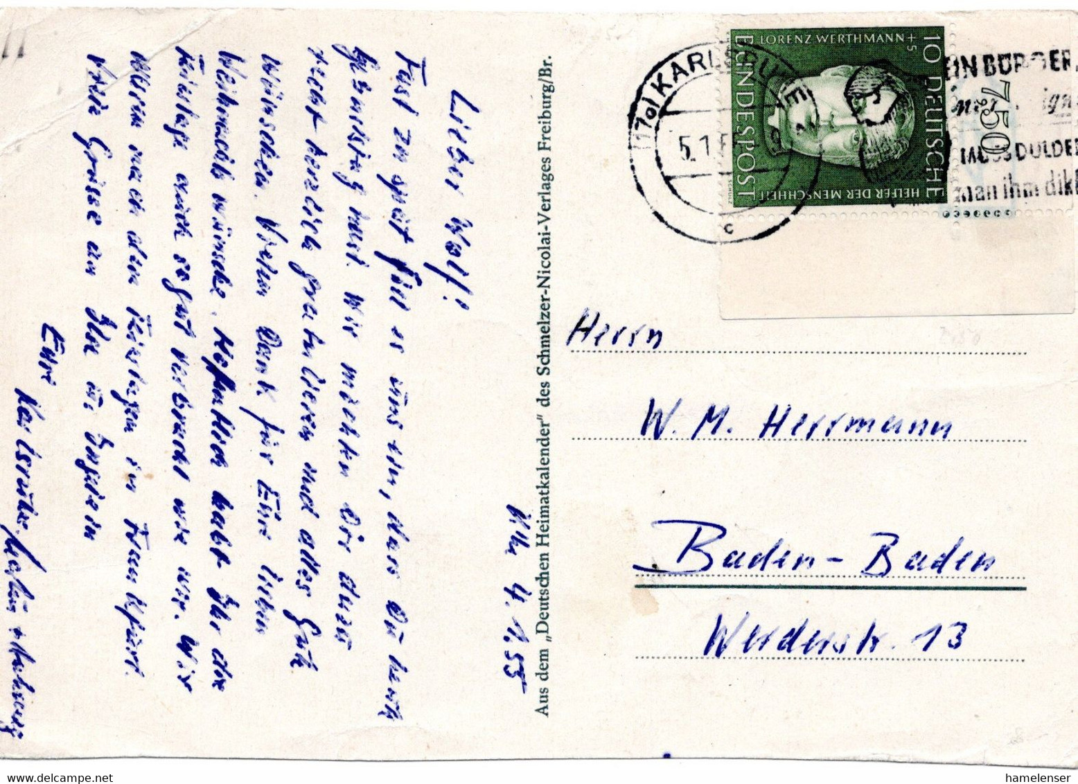 53303 - Bund - 1955 - 10Pfg. Werthmann EF A. AnsKte. KARLSRUHE -> Baden-Baden - Lettres & Documents