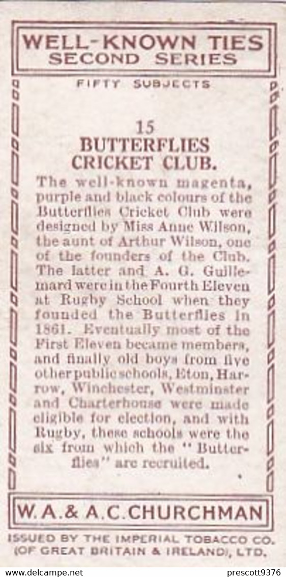 Well Known Ties 2nd 1935 - 15 Butterflies Cricket Club - Churchman Cigarette Card - Original - Sport - Churchman