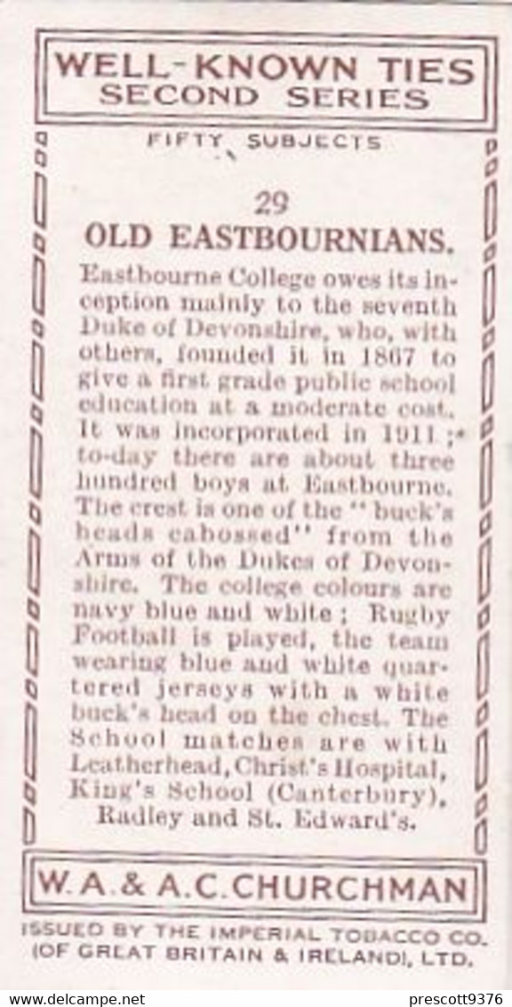 Well Known Ties 2nd 1935 - 29 Old Easbournians - Churchman Cigarette Card - Original - - Churchman